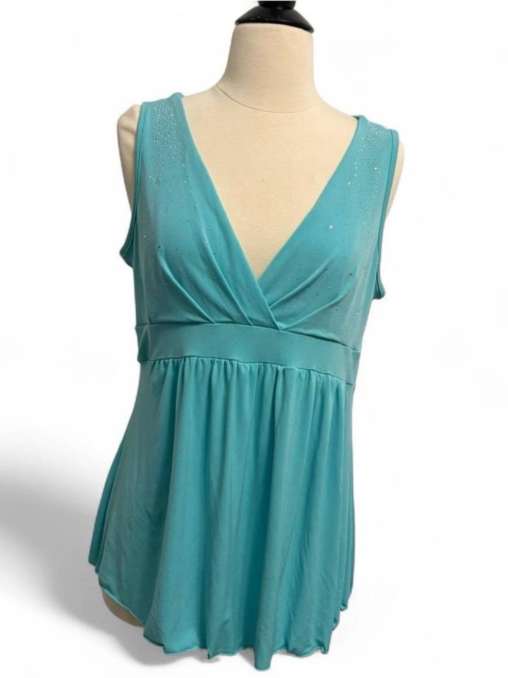 Zenobia Turquoise V-Neck Sleeveless Tank with Sparkle Accents
